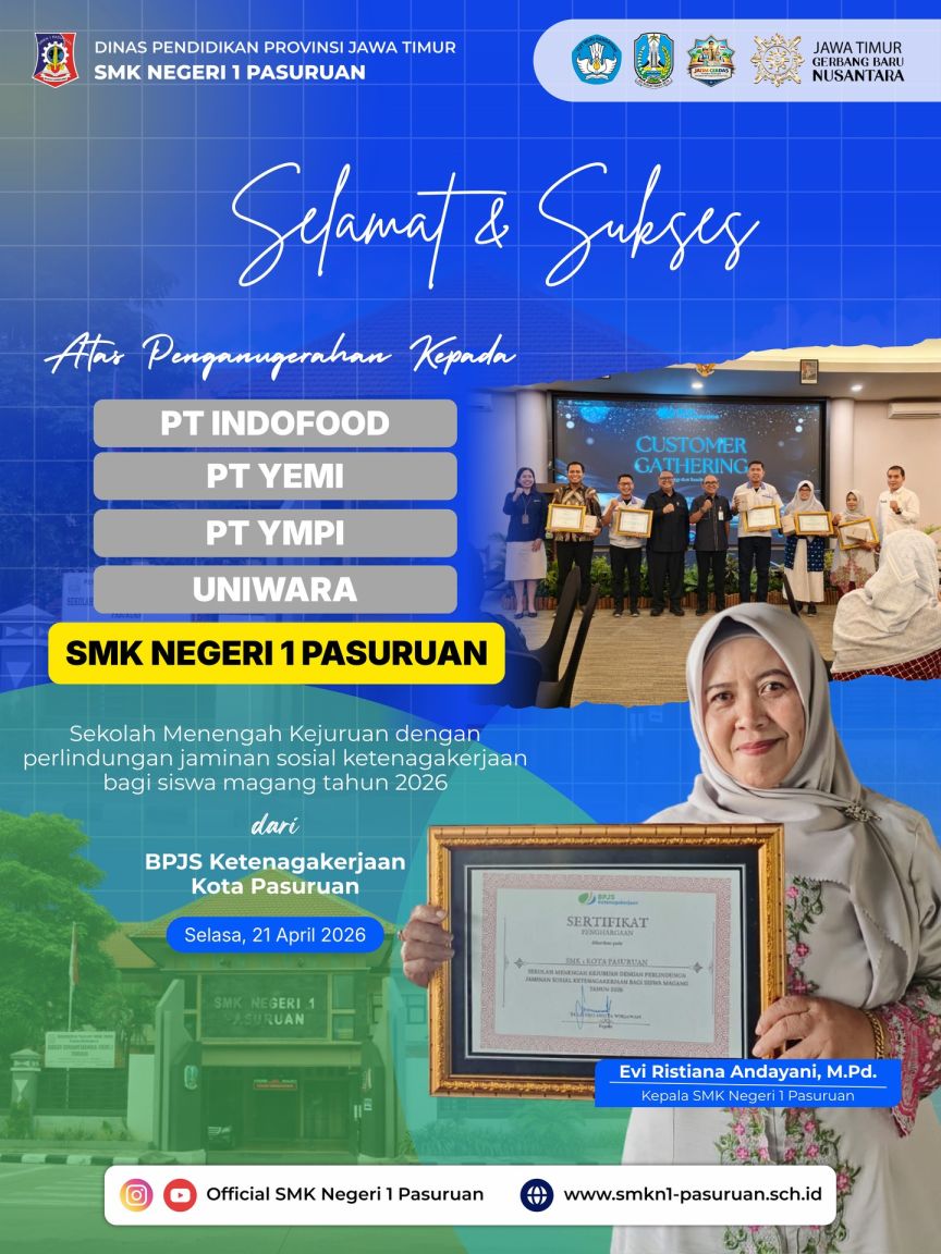 Penghargaan oleh BPJS Ketenagakerjaan Kota Pasuruan kepada SMK Negeri 1 Pasuruan